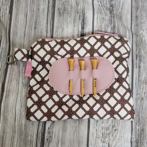 Ame & Lulu Golf Tee Pouch Bag Clip On Brown White Pink w/ Tees and Srixon Balls - Picture 5 of 6
